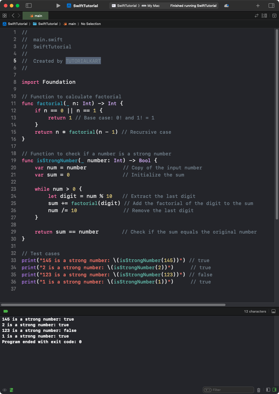 Swift Program to Check Strong Number